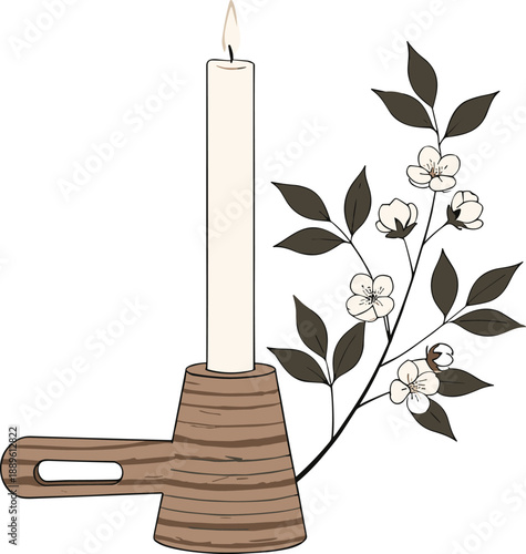 Minimal candle holder with lit candle and botanical branch creating calm cozy atmosphere home decor and mindfulness flat vector illustration