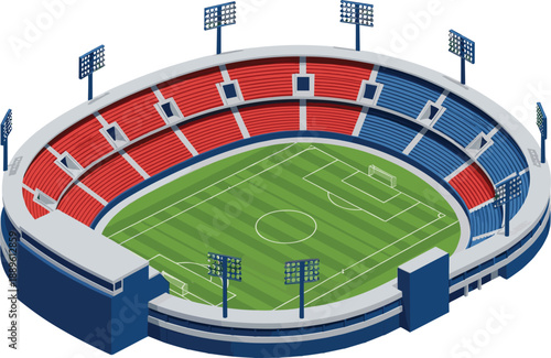 Isometric soccer stadium with green football field seating stands and floodlights representing sports competition tournament venue and modern arena flat vector illustration