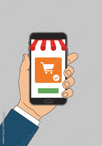 Hand holding a smartphone displaying an online shopping app with a cart and checkmark under a store awning. Concept for mobile commerce and digital retail