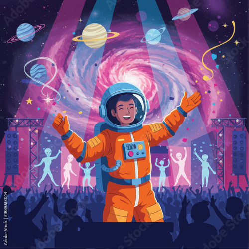 Astronaut Celebrating in Orange Space Suit.