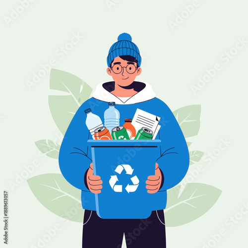 A young man holding a blue recycling bin filled with plastic bottles, cans, and paper, promoting environmental sustainability.