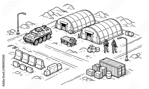 Hand drawn line art isometric military camp set featuring an armored vehicle, soldiers, tents, and barriers for strategic game design