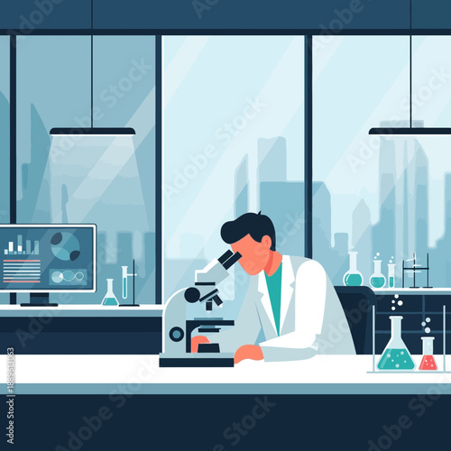 A scientist in a lab coat examining samples under a microscope in a modern laboratory with city views.