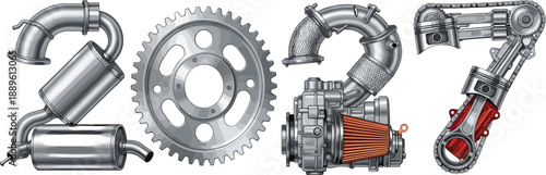 Automotive mechanical components collection with exhaust gearbox engine turbocharger and robotic arm industrial engineering flat vector illustration