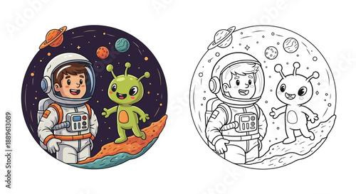 Astronaut Kid and Alien Space Adventure Color and Black White Versions for Coloring Book
