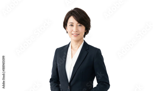 Portrait of a smiling Japanese businesswoman manager in a suit, isolated on transparent background