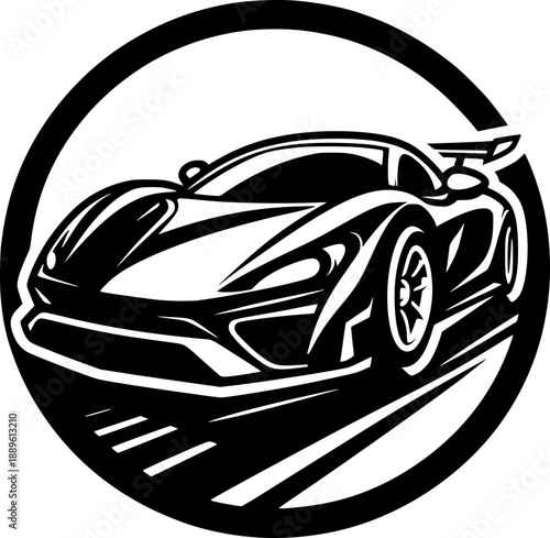 Minimalist black and white cartoon supercar vector icon with clean lines, no shading, isolated on white. Modern, scalable, and recognizable.