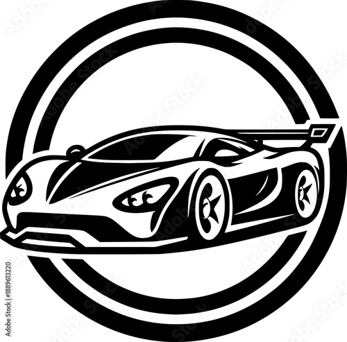 Minimalist black and white cartoon supercar vector icon with clean lines, no shading, isolated on white. Modern, scalable, and recognizable.