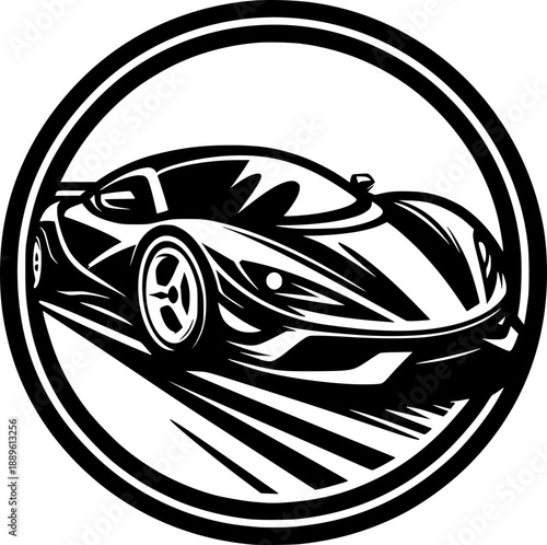 Minimalist black and white cartoon supercar vector icon with clean lines, no shading, isolated on white. Modern, scalable, and recognizable.