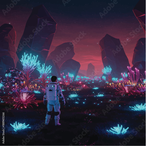 Astronaut Exploring Alien Landscape with Glowing Plants.