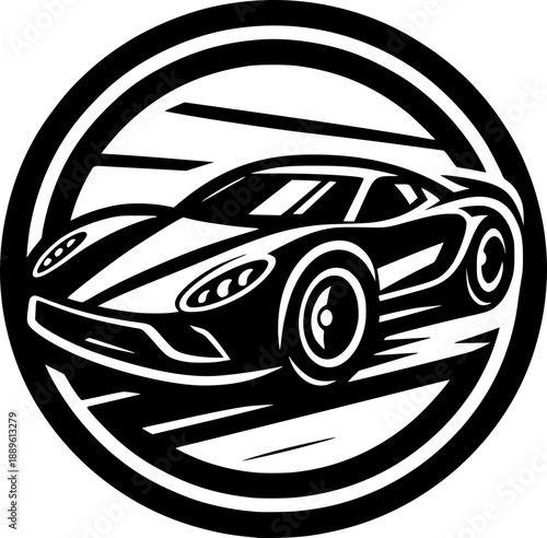 Minimalist black and white cartoon supercar vector icon with clean lines, no shading, isolated on white. Modern, scalable, and recognizable.