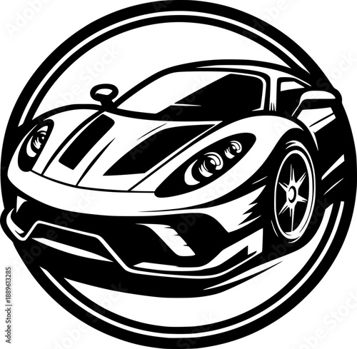 Minimalist black and white cartoon supercar vector icon with clean lines, no shading, isolated on white. Modern, scalable, and recognizable.