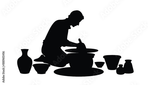 A person creating pottery on a wheel with various ceramic pieces nearby