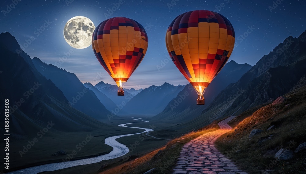 Obraz premium Skyward Serenity: Two vibrant hot air balloons ascend majestically against a tranquil moonlit night sky, gliding serenely over a winding path and a picturesque valley.