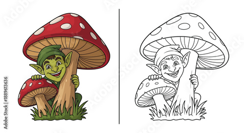 Cheerful Green Elf Peeking Behind a Large Forest Mushroom Coloring Page for Children