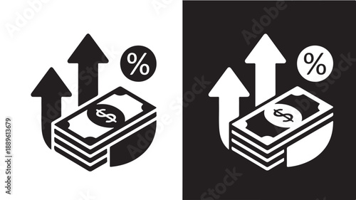 Stack of dollar bills with percentage sign and upward arrows in simple flat design on contrasting background for financial growth illustration