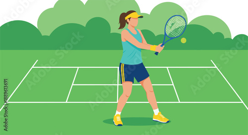 Female tennis player vector illustration with woman hitting forehand shot on outdoor tennis court surrounded by green trees for sports and fitness design