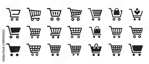 Shopping Cart Icons. Collection of Diverse Supermarket Trolley Designs.