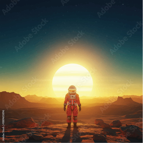 Astronaut in Orange Space Suit Standing Alone.