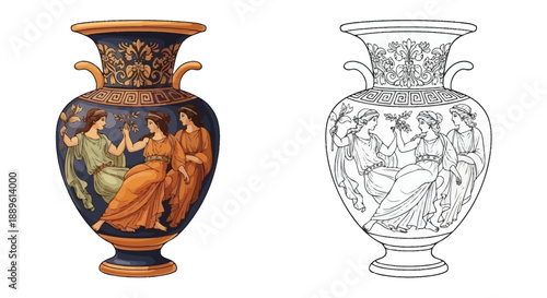 Classic Greek Vase Painting Design Artwork With Traditional Black Figure Style Patterns