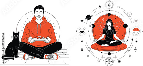 Meditation and mindfulness illustration set featuring relaxed man with cat and spiritual yoga pose, calm mental health, balance and inner peace concept design
