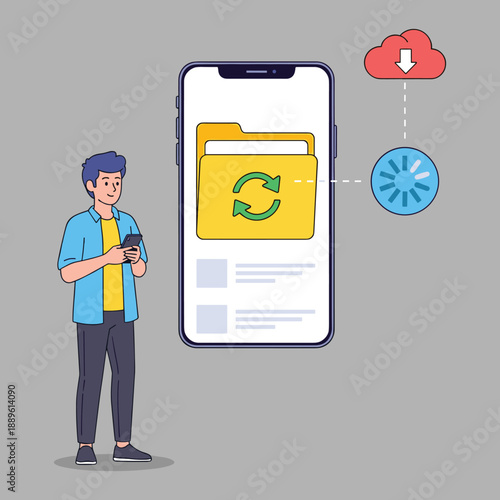 Man managing and syncing files on his smartphone with cloud storage. Depicts data transfer, mobile backup, and digital file management