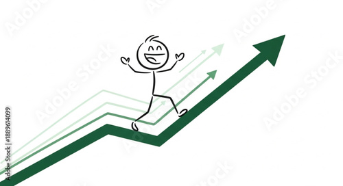 Happy stick figure running up a green arrow graph representing success.