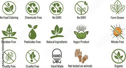 Eco friendly organic label vector set, natural product icons for vegan, non GMO, and cruelty free packaging design elements.