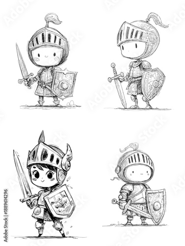 Cute cartoon knight character sketches with sword and shield. Adorable pencil illustration ideal for kids fantasy games storybooks and playful medieval designs.