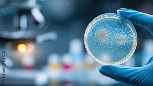 Petri dish with bacterial culture showing virus disease research in lab with gloved hand holding sample of nipah virus