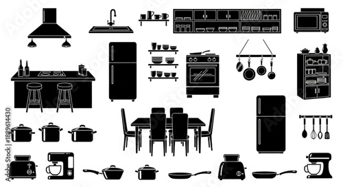 Kitchen Appliances and Furniture Silhouette Collection.