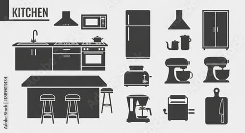Kitchen appliances and furniture silhouette collection.