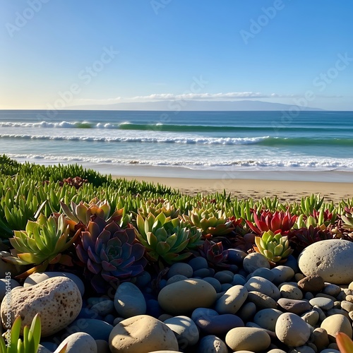 Coastal Serenity - Succulents, Pebbles, and Ocean Waves.