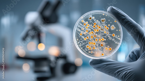 Petri dish with bacterial culture showing disease research related to nipah virus in laboratory with microscope background