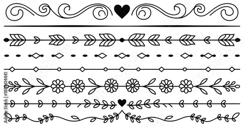 Elegant hand drawn dividers and decorative borders with floral accents, classic ornamental lines, and sophisticated page break elements for stationery design, invitations, layouts, and digital artwork