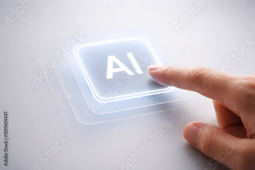 Hand touches illuminated AI button on transparent interface