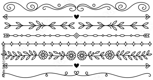 Elegant hand drawn dividers and decorative borders featuring artistic line ornaments, refined flourishes, and stylish separators for wedding invitations, typography, branding, and creative graphic 