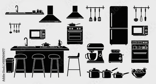 Kitchen appliances and furniture silhouette collection.
