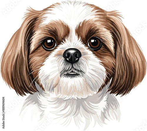 Realistic dog portrait illustration with cute expressive eyes, detailed fur texture and friendly face, perfect for pet care, veterinary and animal design projects