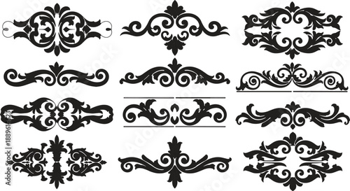 Elegant black and white ornamental vector designs, vintage floral swirls for invitations, certificates, and decorative page elements.
