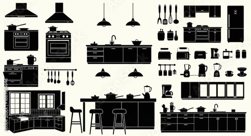 Kitchen Appliances and Furniture Silhouettes Collection.