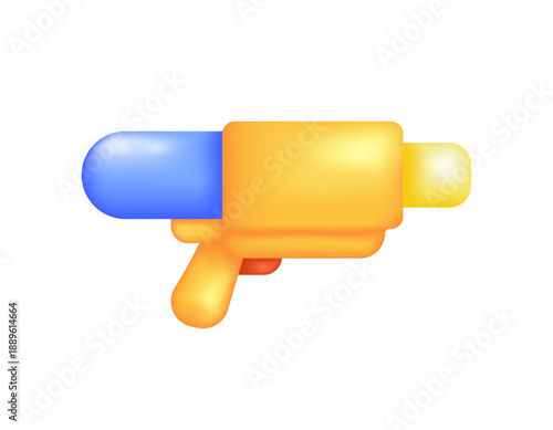 Illustration of a toy water gun. Toy for shooting water. Water fight. Object or item. Element, symbol, icon, 3d vector style. White background