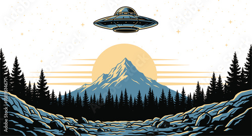 Retro sci-fi landscape illustration with flying UFO over mountains and forest at sunset, vintage extraterrestrial encounter scene for space, fantasy and poster design