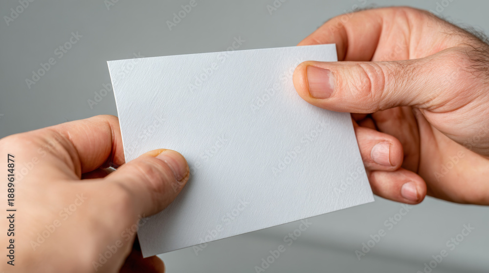 Obraz premium Two hands exchange a blank ballot card before it is cast, tight macro crop with neutral light and copy space. Concept: cooperation, transparency