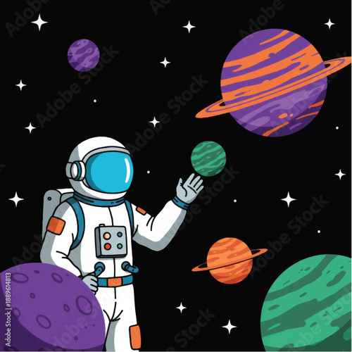 Astronaut in Space Suit Floating Near Planets 2.