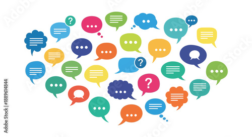 A vibrant collection of colorful speech bubbles arranged in the shape of a heart symbolizing communication and connection