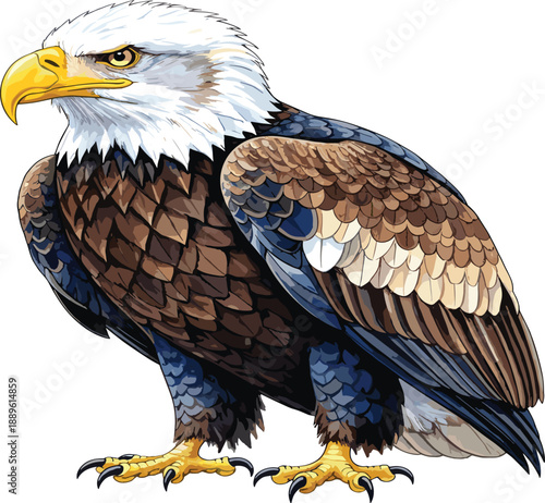 Detailed illustration of bald eagle standing with powerful posture, realistic bird of prey artwork symbolizing strength, freedom and wildlife nature concepts