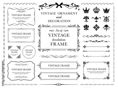 ヨーロッパの豪華なヴィンテージフレームベクターセット。装飾的なカール、仕切り、ボーダーデザイン。結婚式の招待状、化粧品のラベル、ブティック、スパのロゴデザインやカードのデザイン要素。