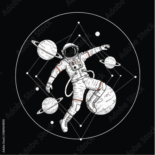 Astronaut in Space Suit Floating Near Planets 1.