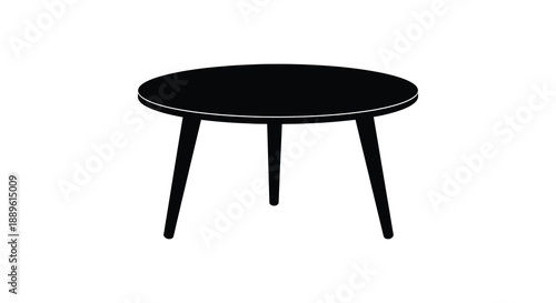 A simple illustration depicts a round black table with slender legs and a subtle shadow presenting a minimalist design